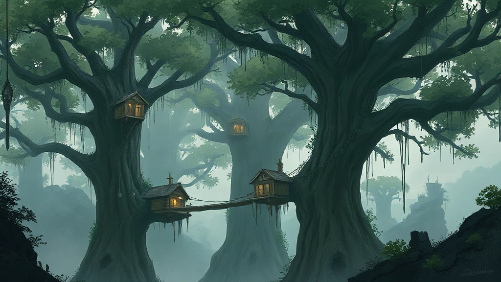 Massive Tree City With Treehouse Painterly Sketch
