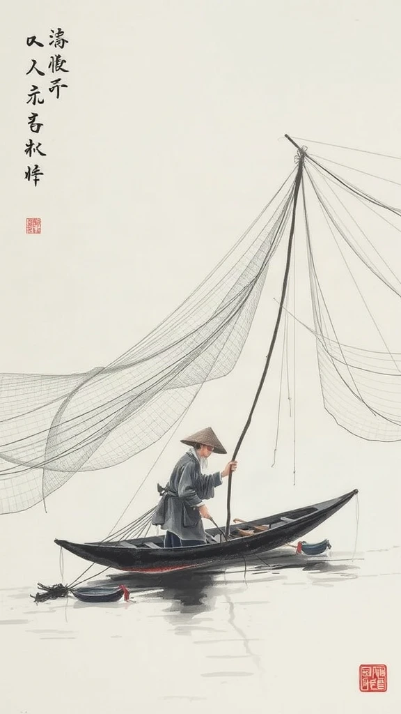 Fishermmending Nets Chinese Ink