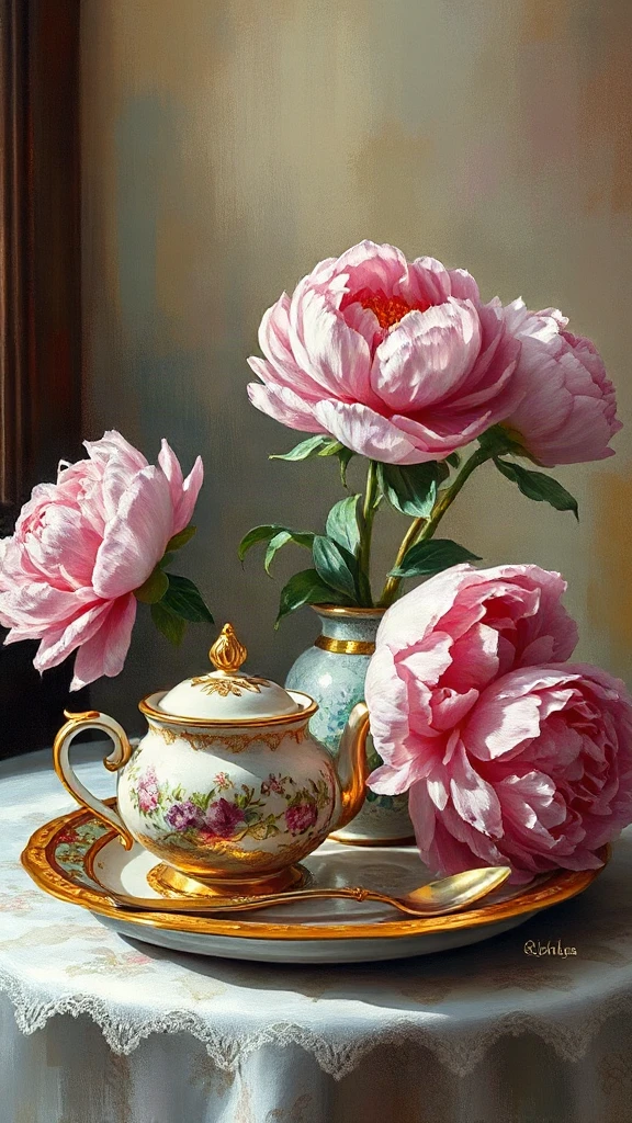 Tea Set With Peonies Oil Painting
