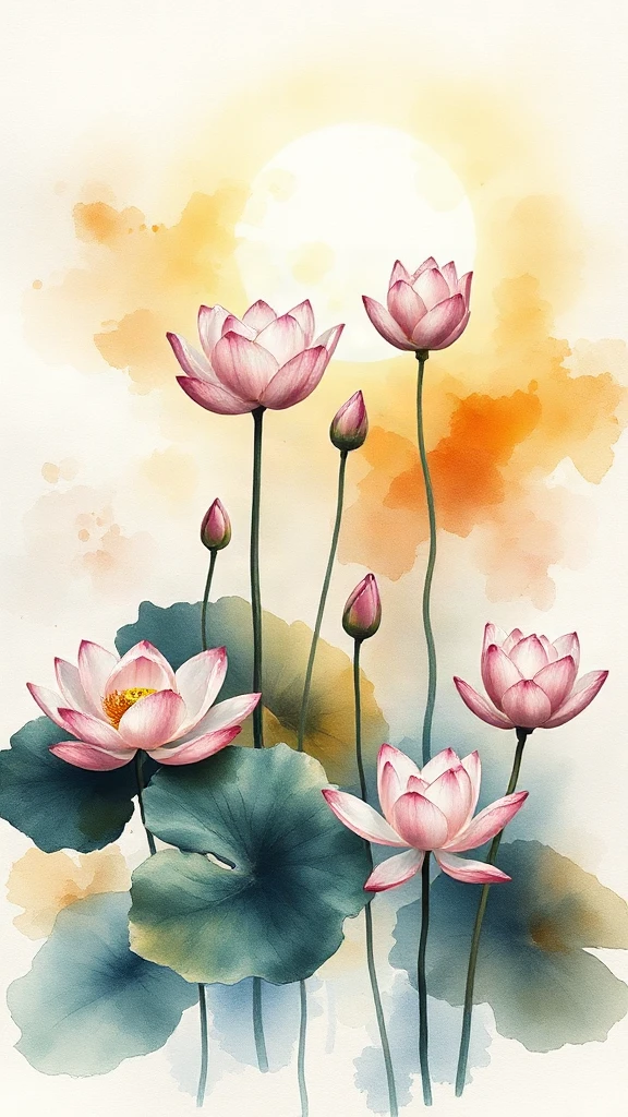 Lotus Pond At Sunrise Watercolor