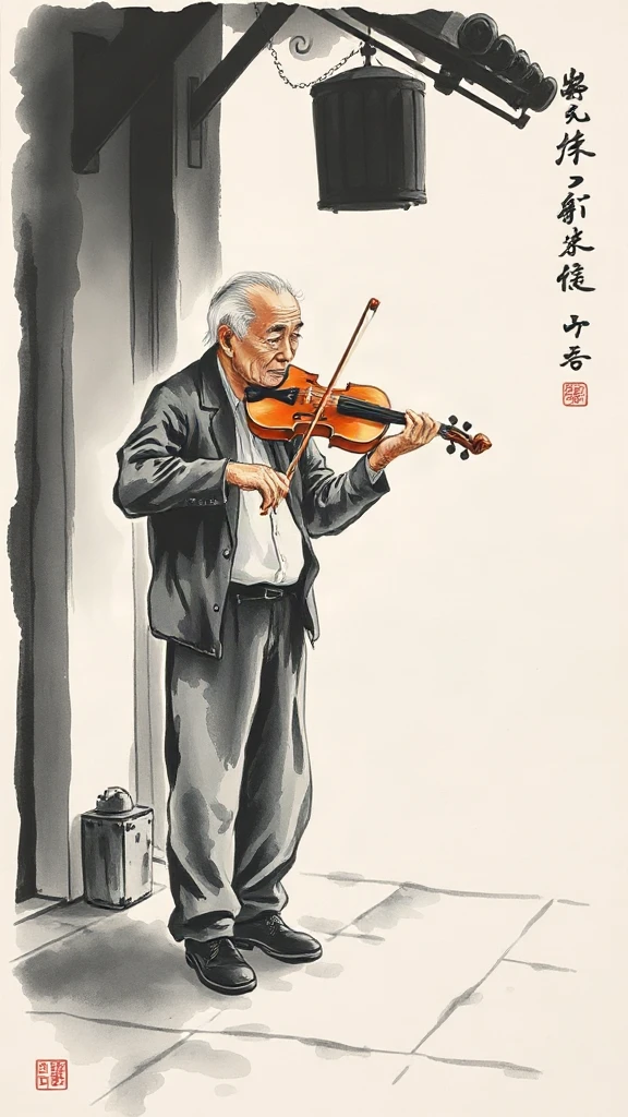 Old Man Playing Violin Chinese Ink