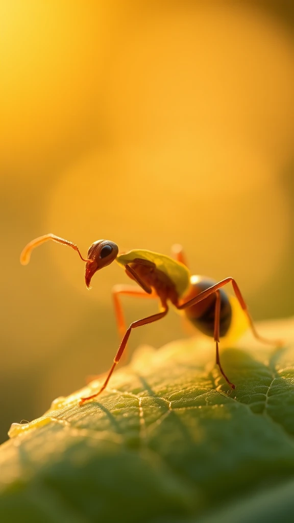 Ant Carrying Leaf Macro Golden