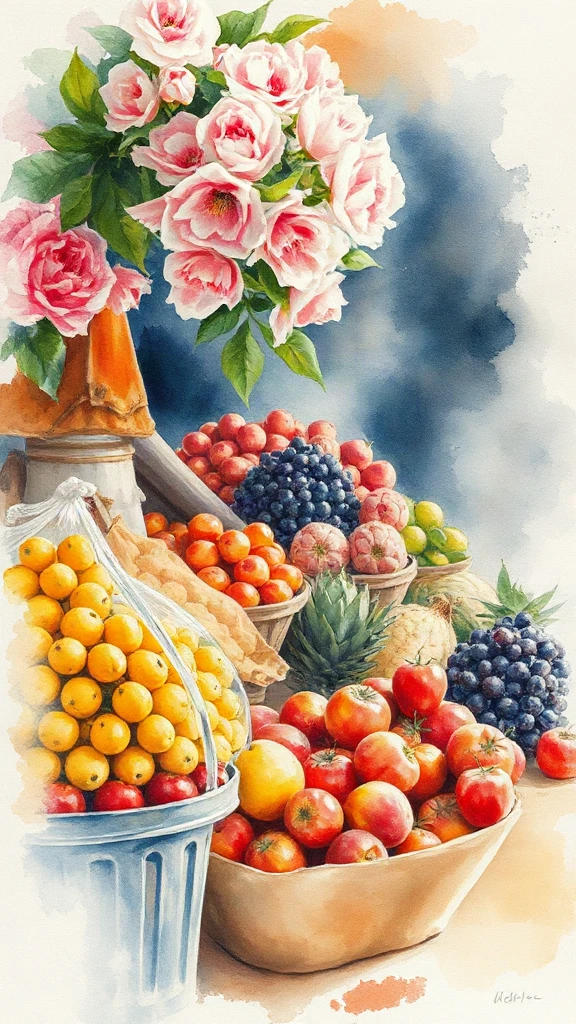 Market Stall Overflowing With Watercolor