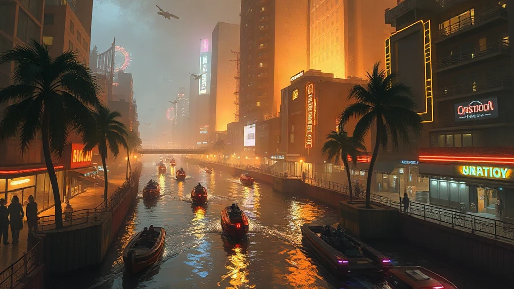Neon Megacity Canal With Flying Painterly Sketch