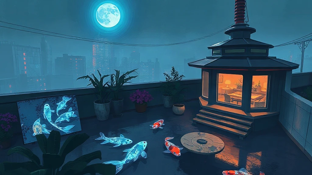 Cyberpunk Rooftop Garden With Hologram Painterly Sketch
