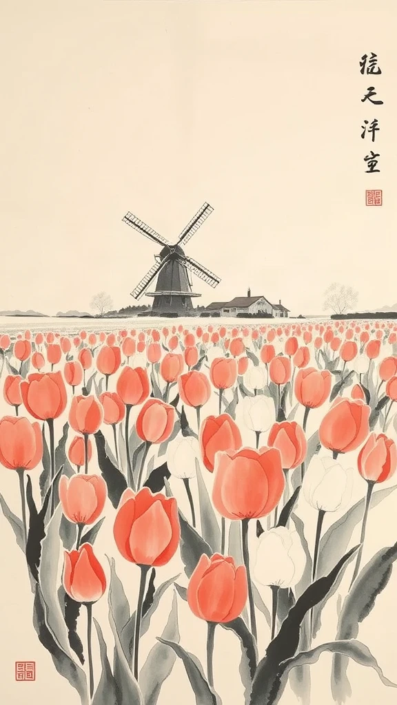 Field Of Tulips With Chinese Ink