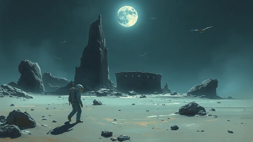 Lone Astronaut Discovering Ruins On Painterly Sketch
