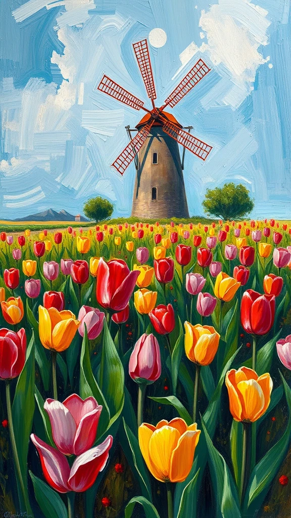 Field Of Tulips With Post-Impressionist