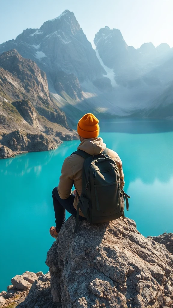 Backpacker at Mountain Lake