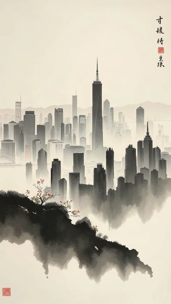 City Skyline At Twilight Chinese Ink