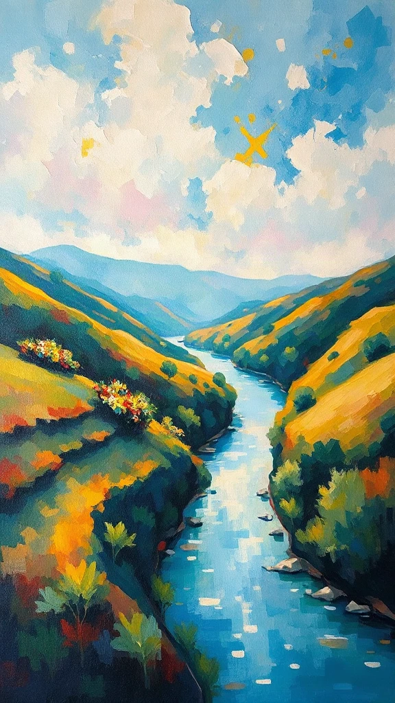 River Winding Through Hills Impressionist