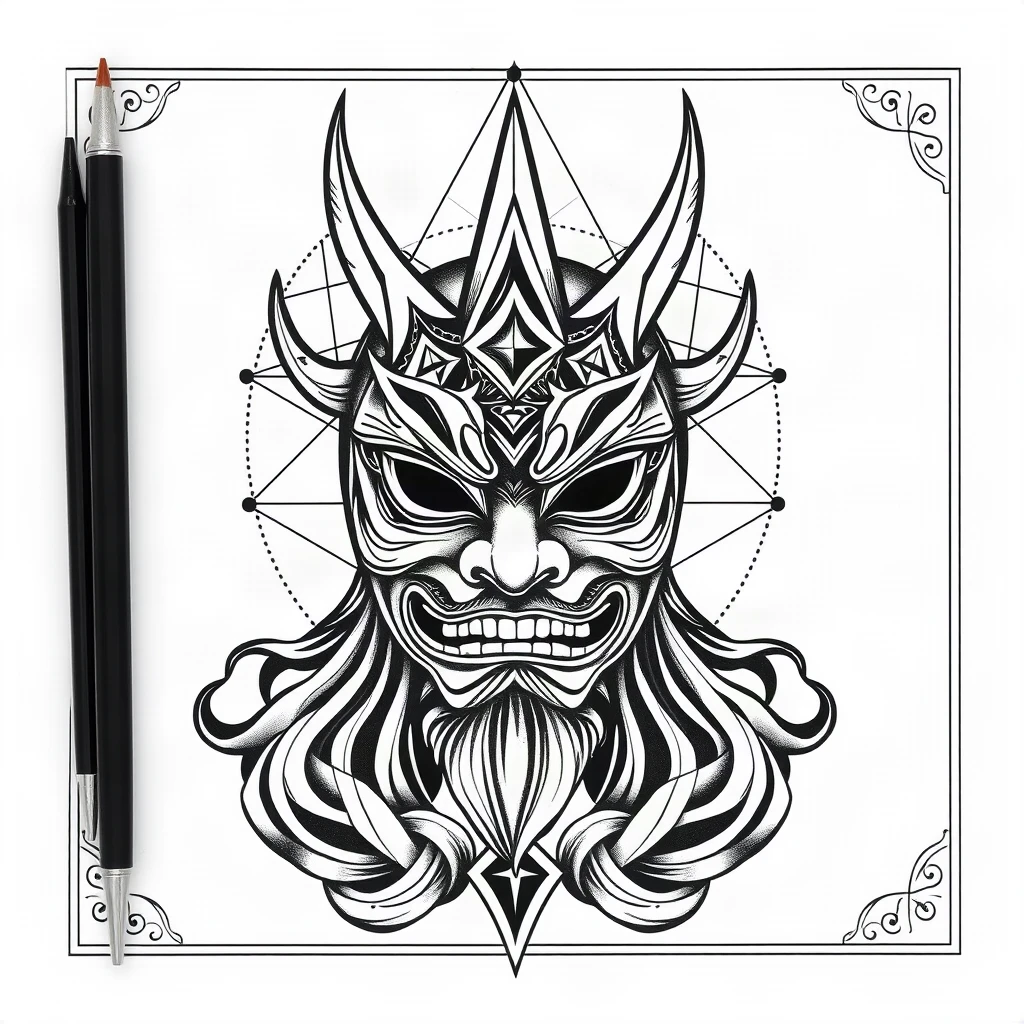 Geometric Hannya Mask Tattoo