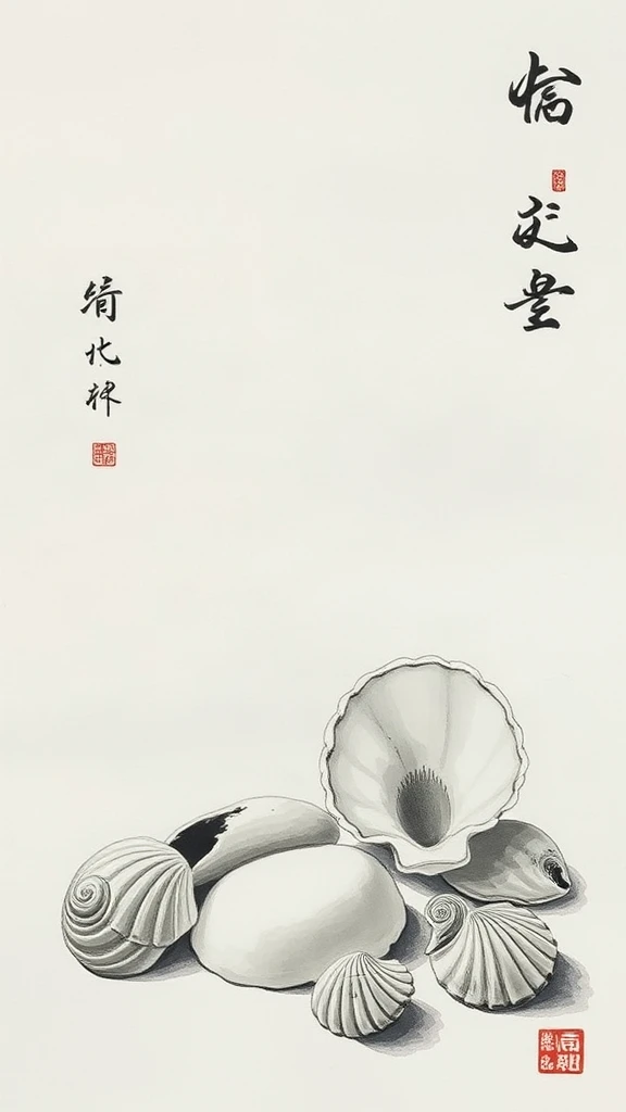 Still Life Of Seashells Chinese Ink
