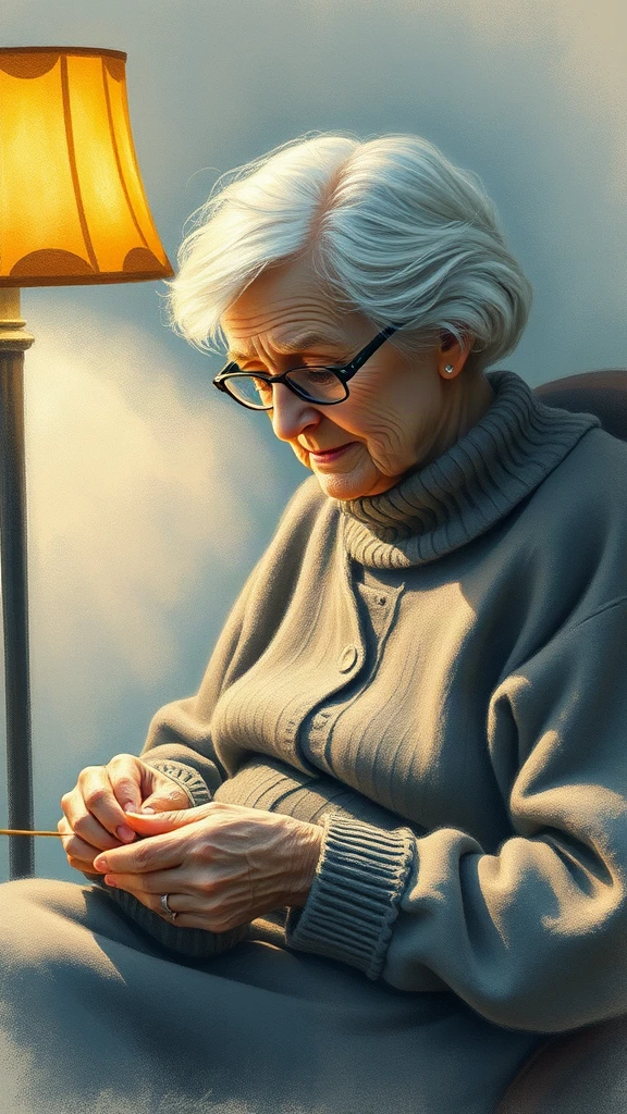 Elderly Woman Knitting By Pastel