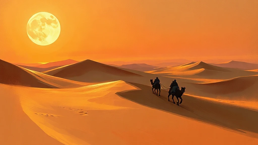 Desert Caravcrossing Dunes Beneath A Painterly Sketch