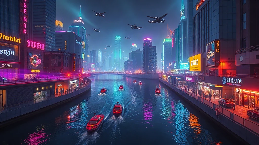 Neon Megacity Canal With Flying Matte Painting