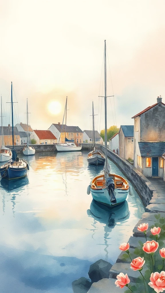 Quiet Fishing Village Harbor Watercolor