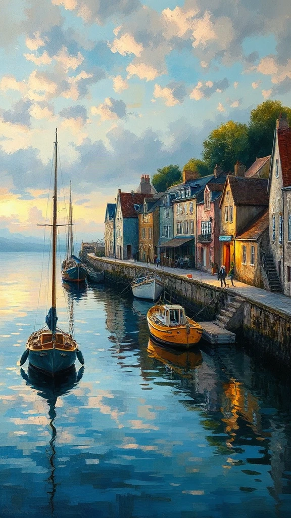 Quiet Fishing Village Harbor Oil Painting