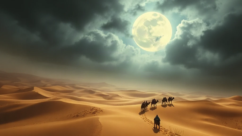 Desert Caravcrossing Dunes Beneath A Matte Painting