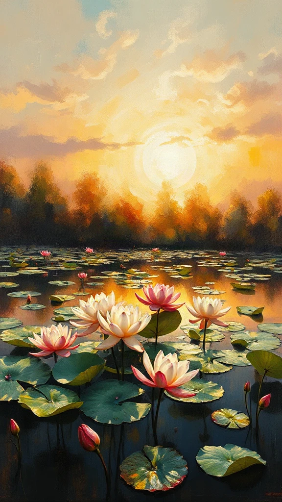 Lotus Pond At Sunrise Oil Painting