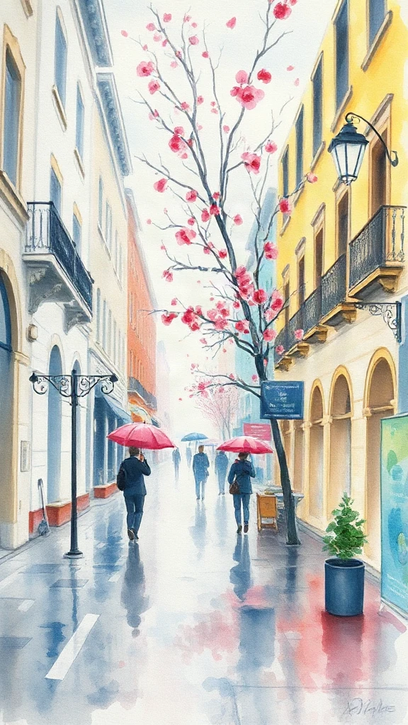 Rainy City Street With Watercolor