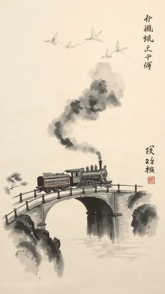 Steam Train Crossing A Chinese Ink