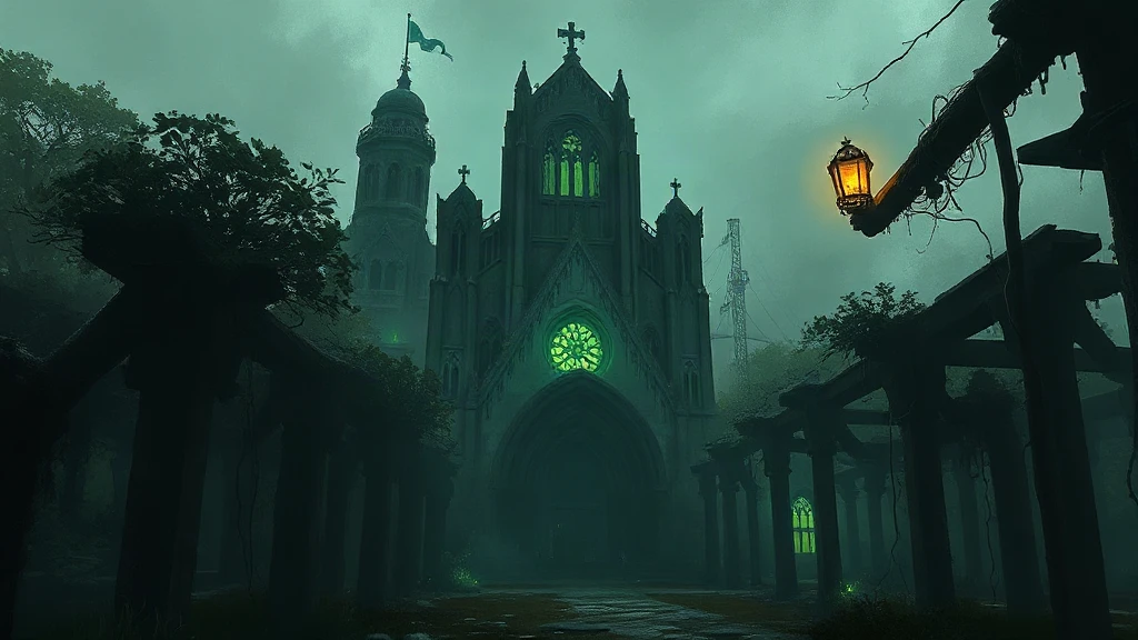 Abandoned Cathedral Overgrown By Bioluminescent Painterly Sketch