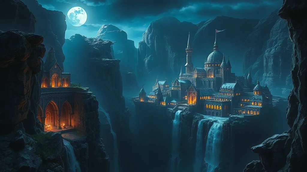 Elven City Carved Into Waterfalls Matte Painting