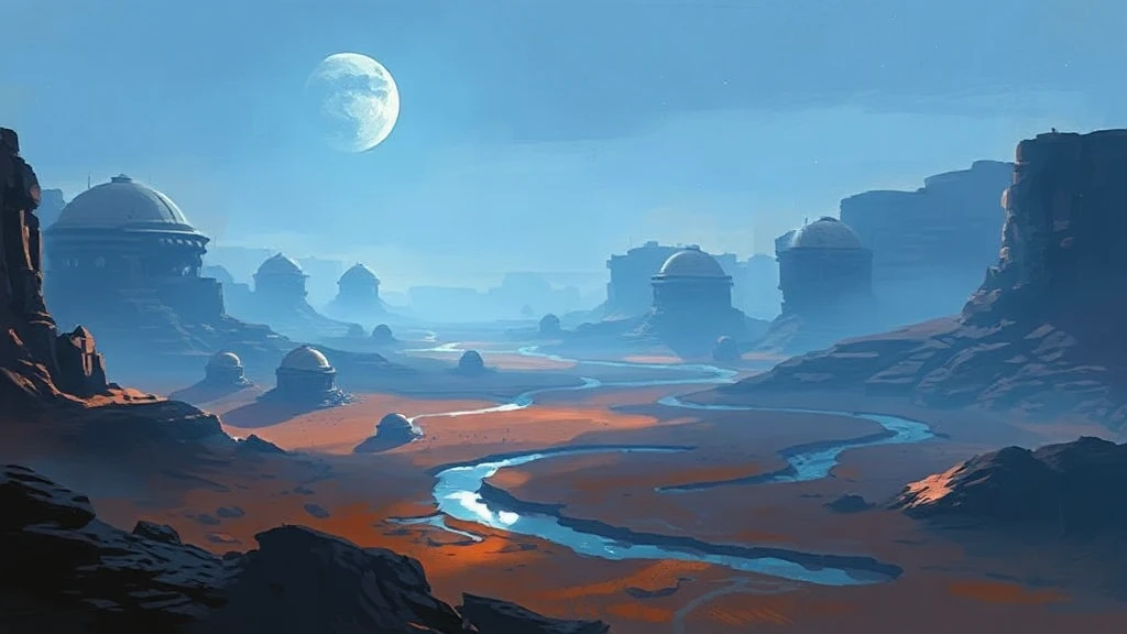 Terraformed Mars Valley With Domes Painterly Sketch