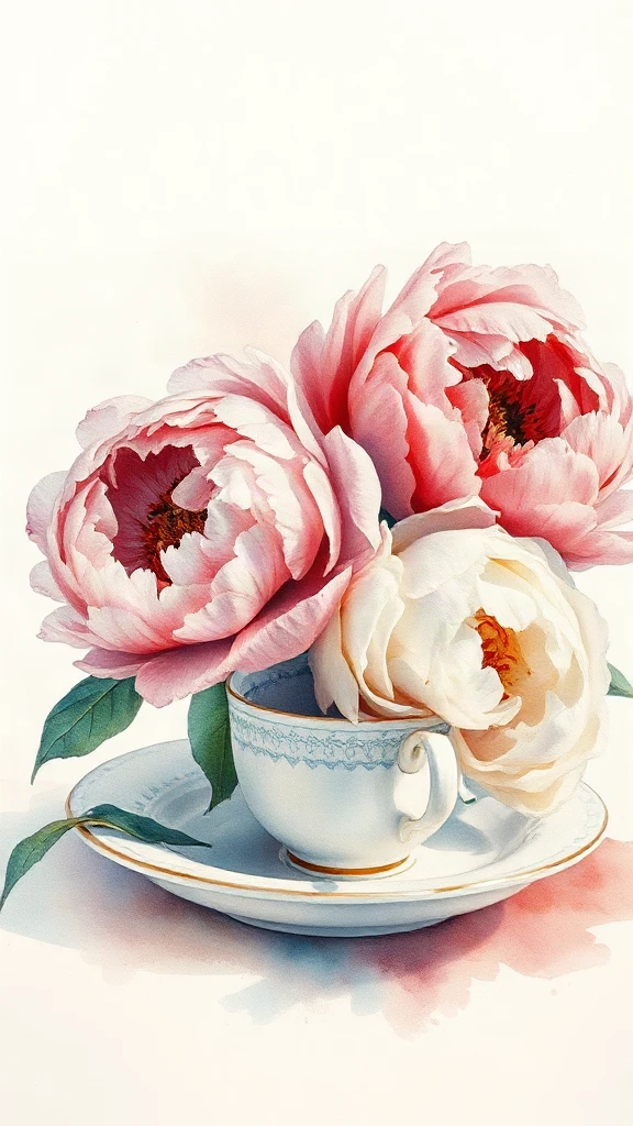 Tea Set With Peonies Watercolor