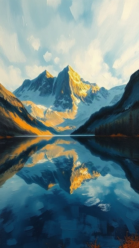 Mountain Lake Reflecting Peaks Oil Painting