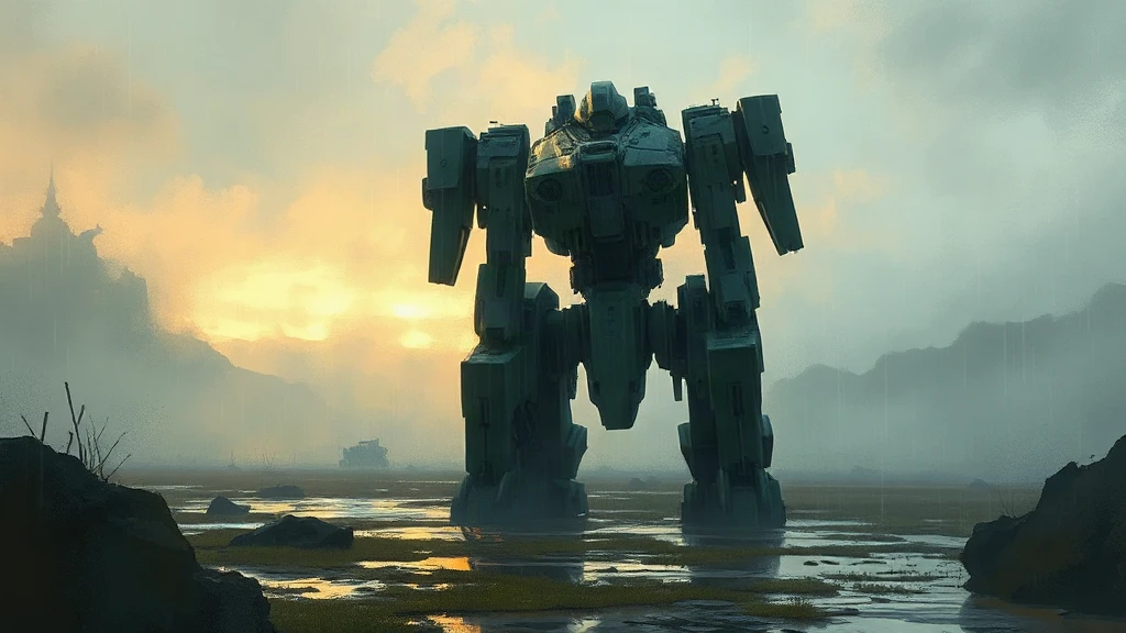 Giant Mech Kneeling In A Painterly Sketch